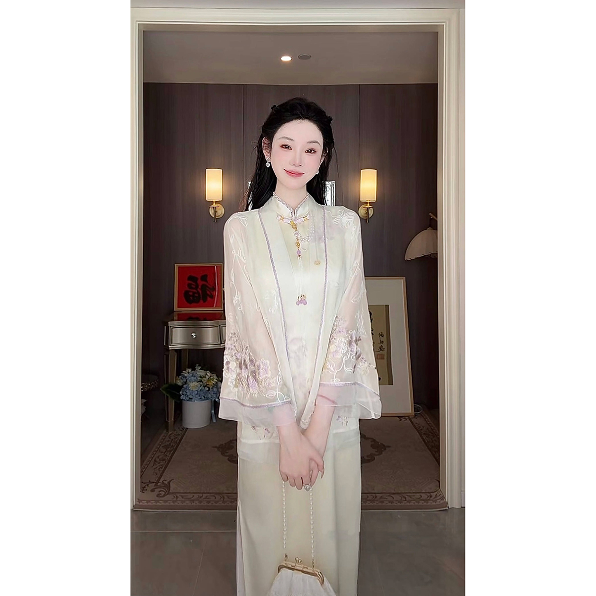 雅乔【九重紫外袍】夏季超薄九分袖宽松新中式雪纺刺绣国风外套女