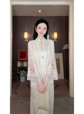 雅乔【九重紫外袍】夏季超薄九分袖宽松新中式雪纺刺绣国风外套女
