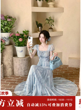 Sun雅乔【椰椰海风】 夏季甜美法式复古方领泡泡短袖晕染连衣裙子