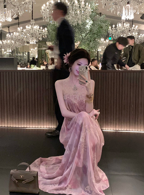 Sun雅乔【富贵花】初夏新款烫钻网纱拼接金线绣花晕染无袖连衣裙