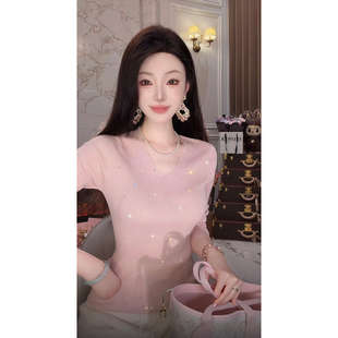 SYQIAO/雅乔 秋冬新款简约满天星烫钻V领绵羊毛针织衫打底上衣女