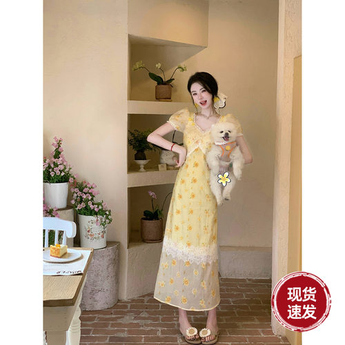 雅乔【全糖去冰】4个版法式天丝雏菊A字裙刺绣短袖连衣裙半身裙子