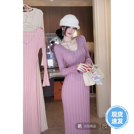 Sun雅乔【水晶】春冬新款镶钻毛衣裙 V领长袖针织连衣裙长裙