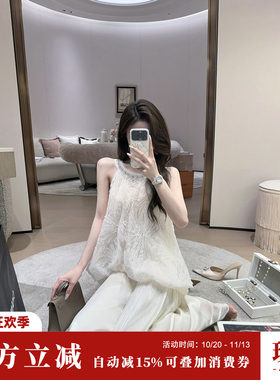 Sun雅乔 夏季轻奢名媛千金钉珠圆领蕾丝网纱花苞无袖娃娃衫上衣女