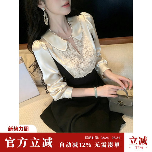 雅乔【黑白鸣奏曲】秋装新款长袖减龄法式复古娃娃领拼接连衣裙短