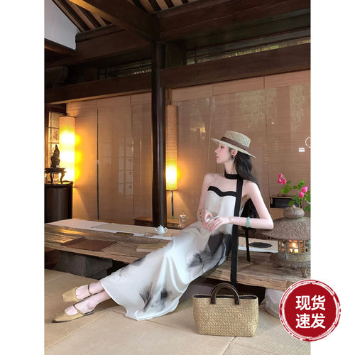 Sun雅乔【水云身】夏季新款气质小众水墨晕染网纱A字飘带连衣长裙