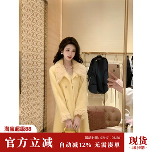 Sun雅乔【国王的礼物】秋冬黄色山羊绒拉绒绵羊毛呢大衣长外套女
