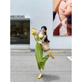 Sun雅乔 U领荷叶边超显白绿色碎花雪纺连衣裙 法式 森林雨露 夏季