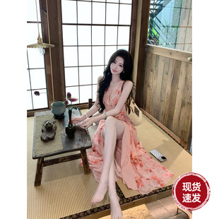 Sun雅乔【蜜语纪】夏季无袖水彩晕染雪纺印花无袖一片式连衣裙