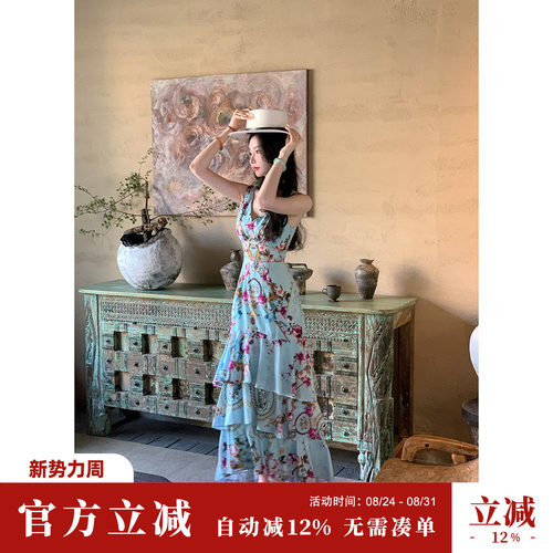 Sun雅乔【凡尔赛花园】夏季修身蛋糕裙V领收腰长裙印花连衣裙子