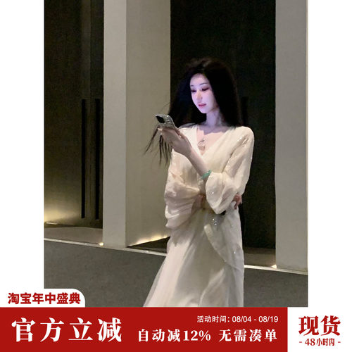 Sun雅乔【金玉浮图】春装复古提花宽松蝙蝠袖假两件长袖连衣长裙