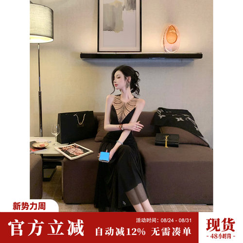 Sun雅乔【迷迭香】夏季无袖修身高档网纱烫钻显瘦堆褶黑色连衣裙