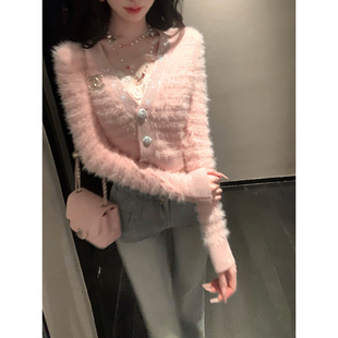 Sun雅乔【限定蔷薇】秋冬长袖小香风亮闪烫钻针织开衫女短款外套