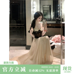 Sun雅乔【巴黎夜曲】夏季大裙摆修身设计感蕾丝拼网纱吊带连衣裙