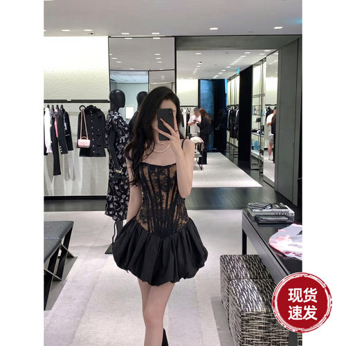 Sun雅乔【反转巴黎】夏季轻奢千金感玫瑰鱼骨蓬蓬裙黑色小礼短裙
