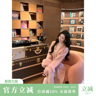 双面手工袖 冬季 口狐狸毛羊毛呢大衣长外套女 半岛弥音 Sun雅乔