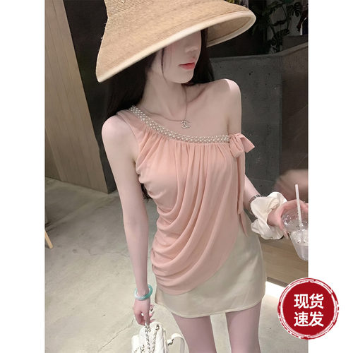 Sun雅乔【古早氛围】夏季减龄粉色高级感斜肩钉珠褶皱弹力网上衣