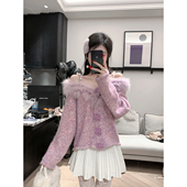 春冬新款 雅乔 奇迹暖暖 多穿含羊毛狐狸毛领露肩彩色亮片毛衣女