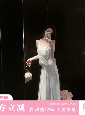 Sun雅乔【江百合】夏季气质优雅假两件不对称挂脖网纱雪纺连衣裙