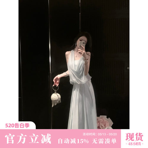 Sun雅乔【江百合】夏季气质优雅假两件不对称挂脖网纱雪纺连衣裙