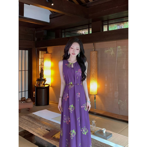Sun雅乔【松间紫烟】夏季国风立体刺绣花纯棉无袖气质连衣长裙子