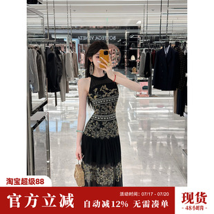 Sun雅乔【折腰】夏季轻奢重工定位钉珠刺绣无袖吊带雪纺连衣裙