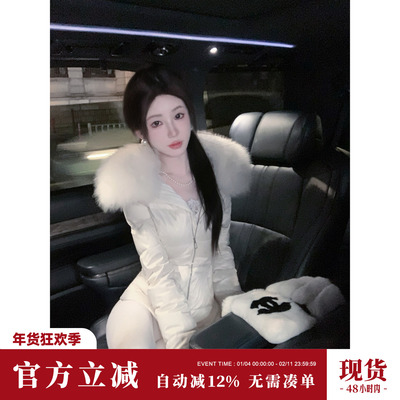 Sun雅乔【韩女芭蕾】冬装绑带长短款修身韩系狐狸毛领三防羽绒服