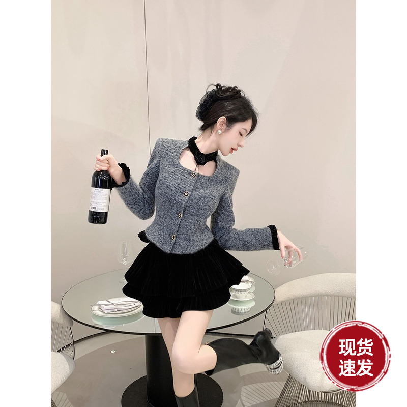 Sun雅乔【撒娇】冬季修身长袖短外套花灰粗呢丝绒显瘦小香外套女