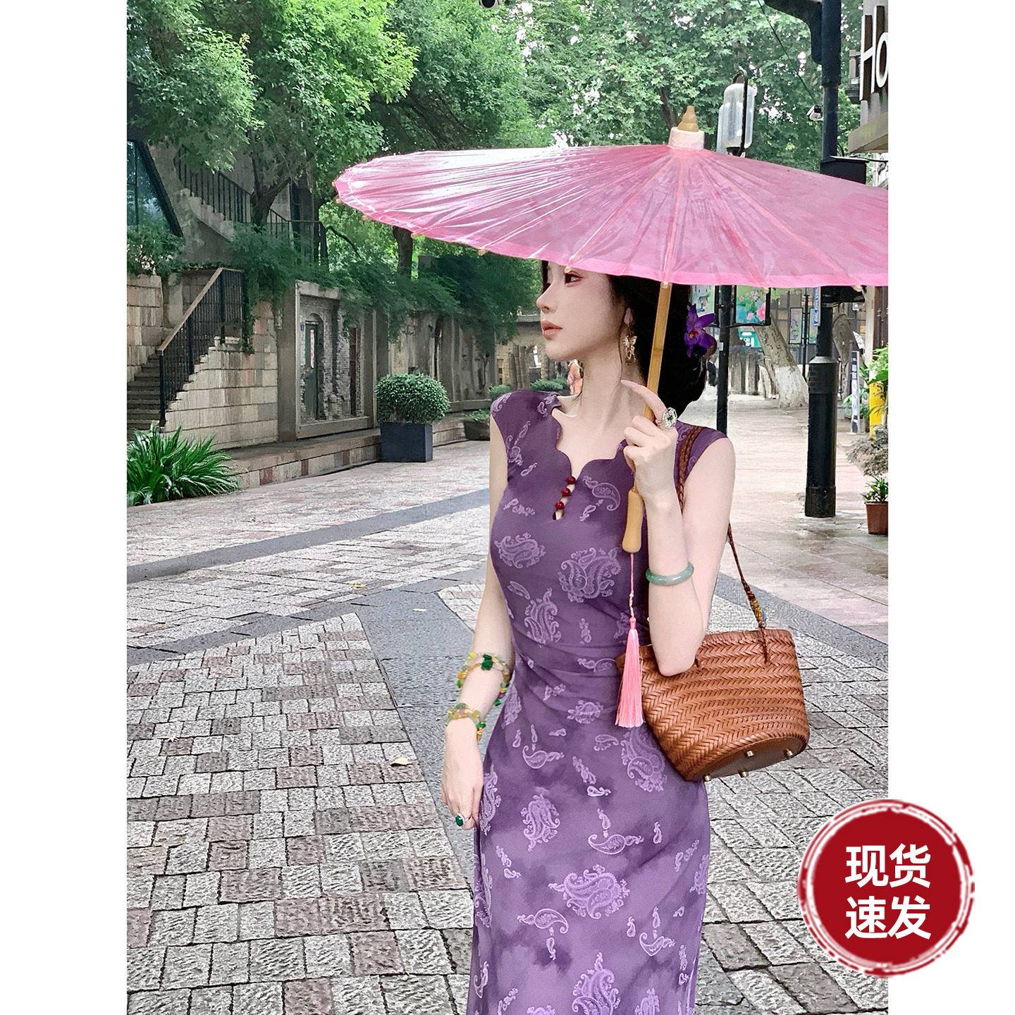 Sun雅乔【紫香罗】夏季紫色修身立体植绒抽褶新中式国风连衣裙子 - 实物图