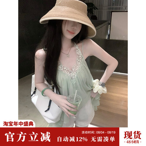 Sun雅乔【风与夏】夏季甜美V领蕾丝花边宽松雪纺娃娃衫无袖上衣女