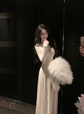 Sun雅乔【杏色晚风】韩系秋冬新款修身V领蕾丝拼接钉钻长袖连衣裙