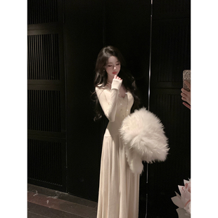 Sun雅乔【杏色晚风】韩系秋冬新款修身V领蕾丝拼接钉钻长袖连衣裙