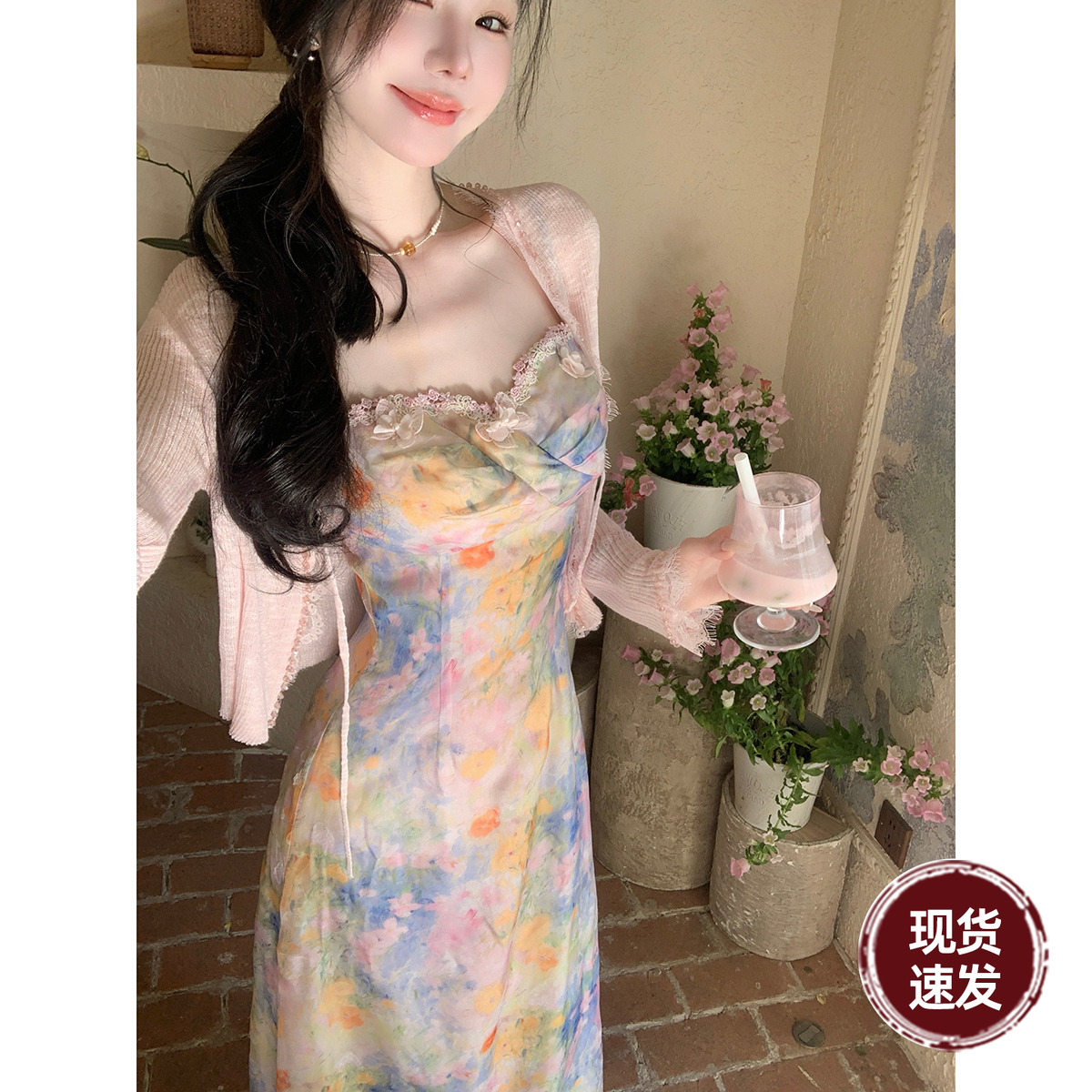 Sun雅乔【莫奈花园】3个版本油画感植绒晕染吊带短袖连衣裙半身裙