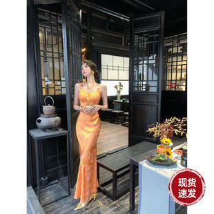 新中式 夏女装 国风提花缎收腰包臀吊带连衣裙 落日熔金 Sun雅乔