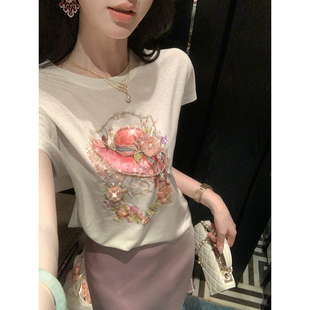 Sun雅乔【庄园闲叙】夏圆领宽松重工钉珠莱赛尔冰感短袖T恤上衣女