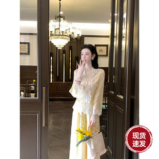 七分袖 夏季 V领上衣奶油黄时尚 蕾丝阔腿裤 Sun雅乔 套装 温柔初夏