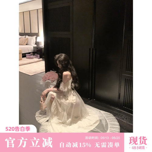 Sun雅乔【白日遐想】夏季甜美优雅A字法式温柔蕾丝网纱大摆连衣裙
