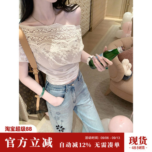 雅乔【海浪潮汐】夏季莱赛尔露背蝴蝶结小衫短袖斜肩上衣女