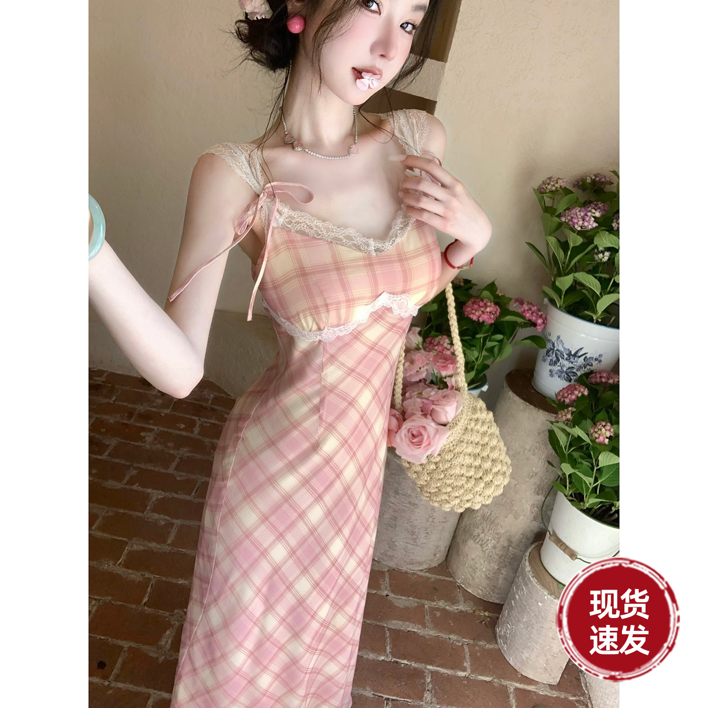 Sun雅乔【冰芒桃桃】法式田园风复古温柔少女感撞色格纹连衣裙子