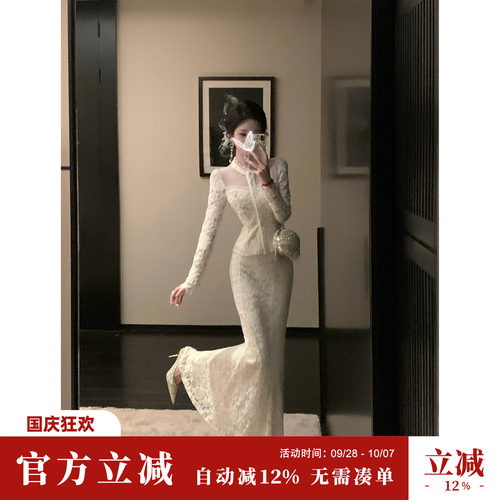 雅乔【花影迢迢】秋冬时尚修身法式钉珠蕾丝上衣半身长裙两件套装