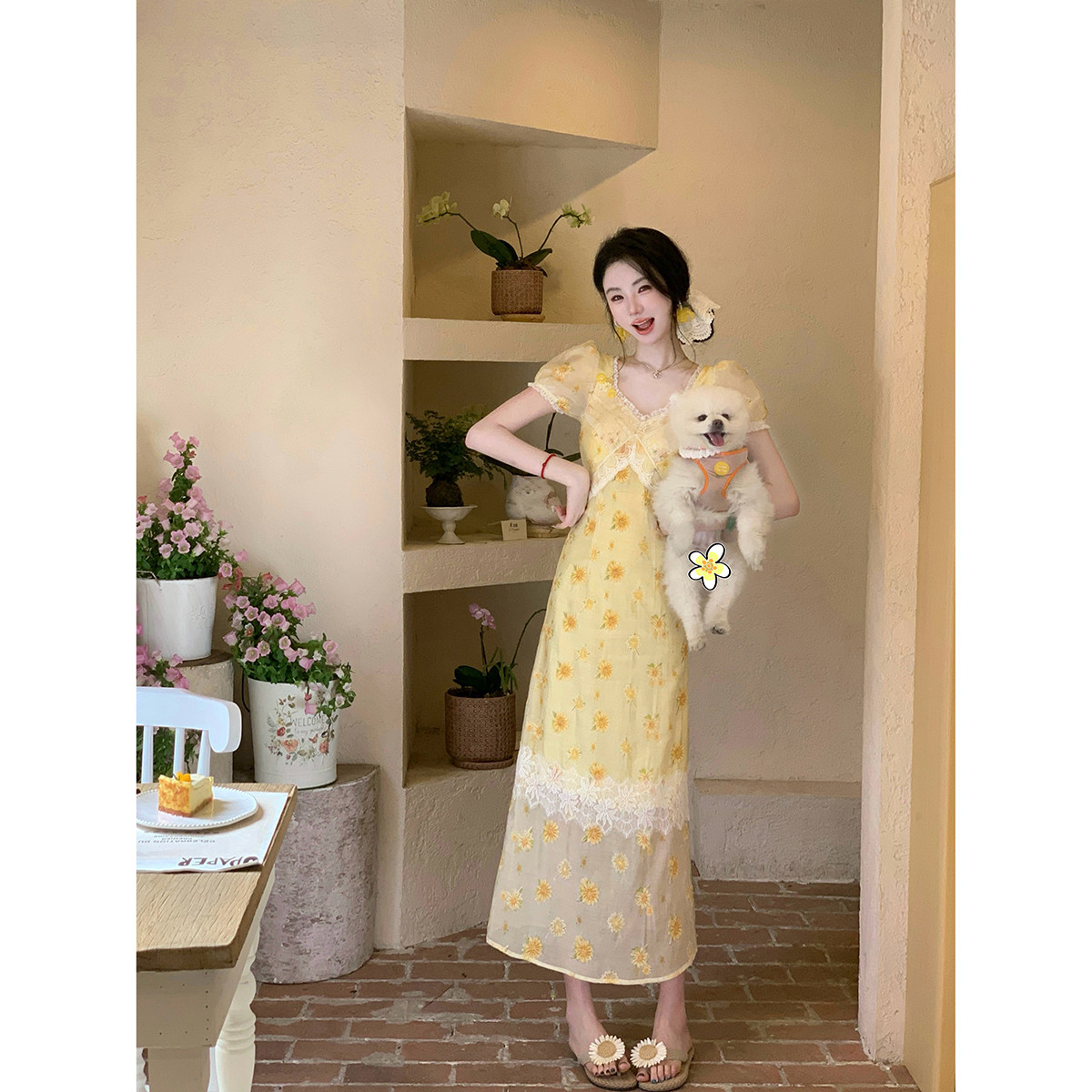 雅乔【全糖去冰】4个版法式天丝雏菊A字裙刺绣短袖连衣裙半身裙子