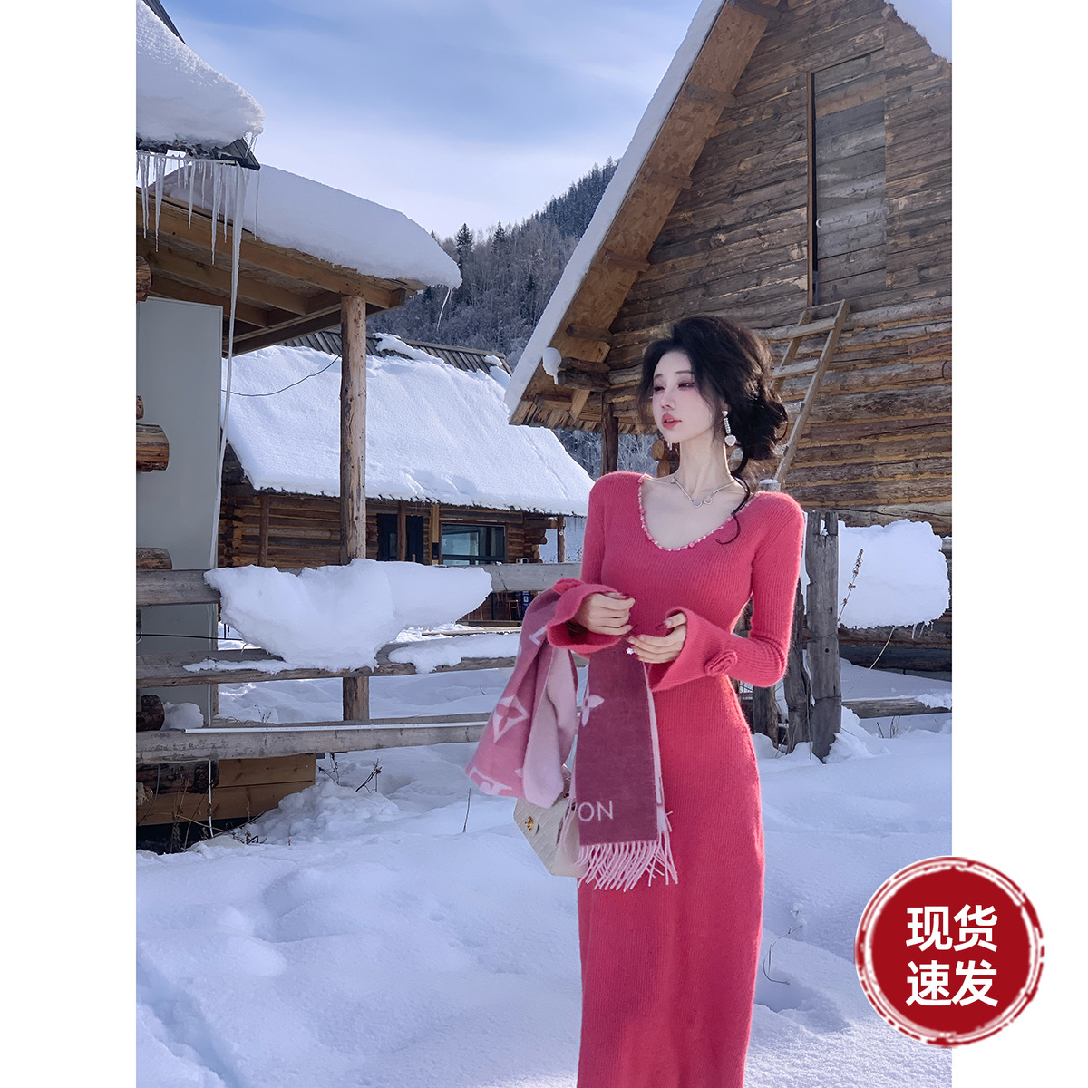 雅乔【蜜桃生香】冬装慵懒风纯欲毛衣裙含羊毛喇叭袖针织连衣裙