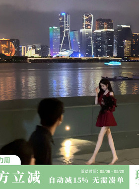Sun雅乔【一笑倾城】红色蝴蝶结V领收腰连衣裙+黑色网纱花朵裙撑