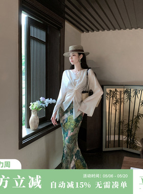 Sun雅乔【山长水阔】夏季小众油画感艺术印花感褶皱半身裙长裙子
