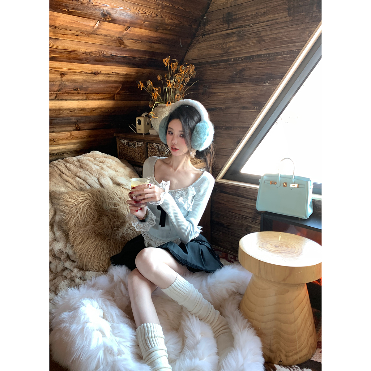 Sun雅乔【公主殿下】春冬新款长袖学院风T恤蕾丝拼接上衣打底衫女