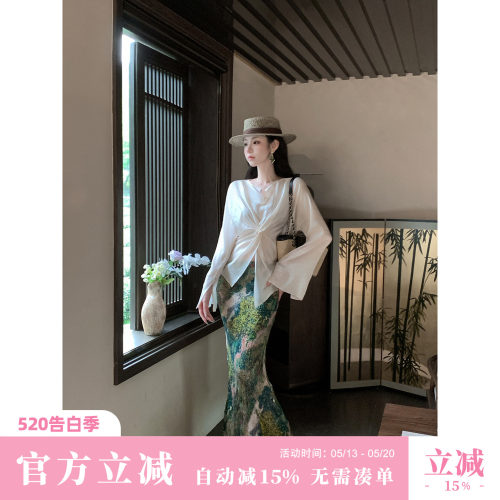 Sun雅乔【山长水阔】夏季小众油画感艺术印花感褶皱半身裙长裙子