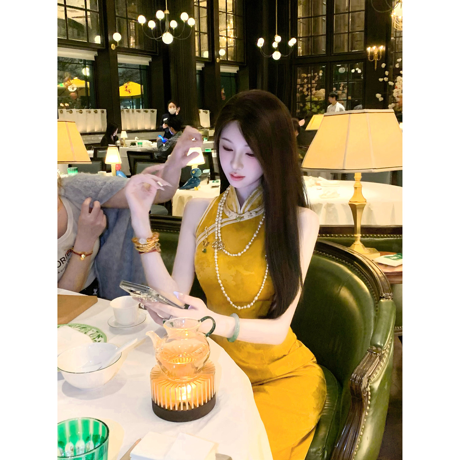 Sun雅乔【盛世太平】早春金色暗纹提花新中式国风无袖旗袍连衣裙