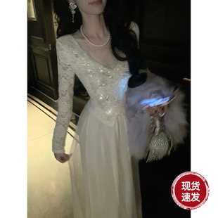 白色重工蕾丝钉珠加绒长袖 秋冬新款 连衣裙 宫廷巴洛克 Sun雅乔