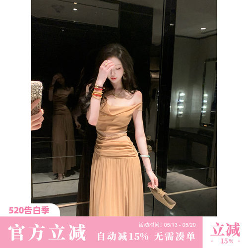 Sun雅乔【灯火阑珊】夏季无袖轻熟风荡领蕾丝花边连衣裙时尚长裙