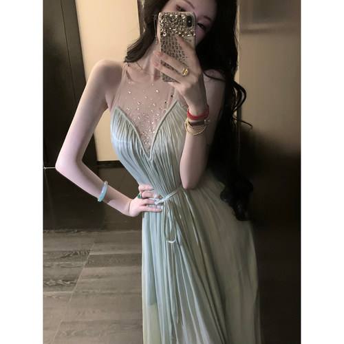 Sun雅乔【情人泪】夏装气质水光皱A字裙烫钻网纱拼接褶皱连衣长裙